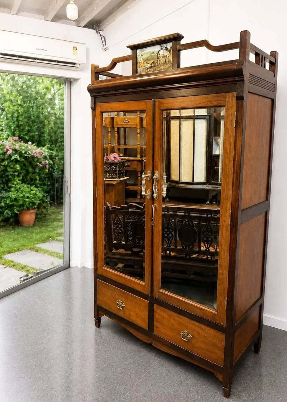 Antique Teak Display Cabinet with Glass Doors