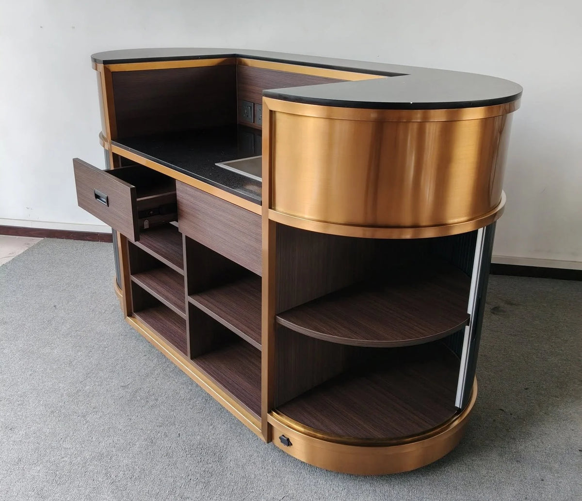 Brass Clad Home Bar Counter with Sink and Tambour Shutters
