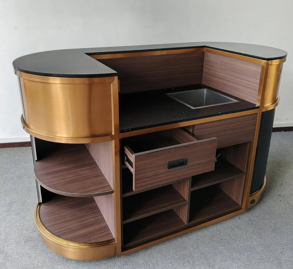 Brass Clad Home Bar Counter with Sink and Tambour Shutters