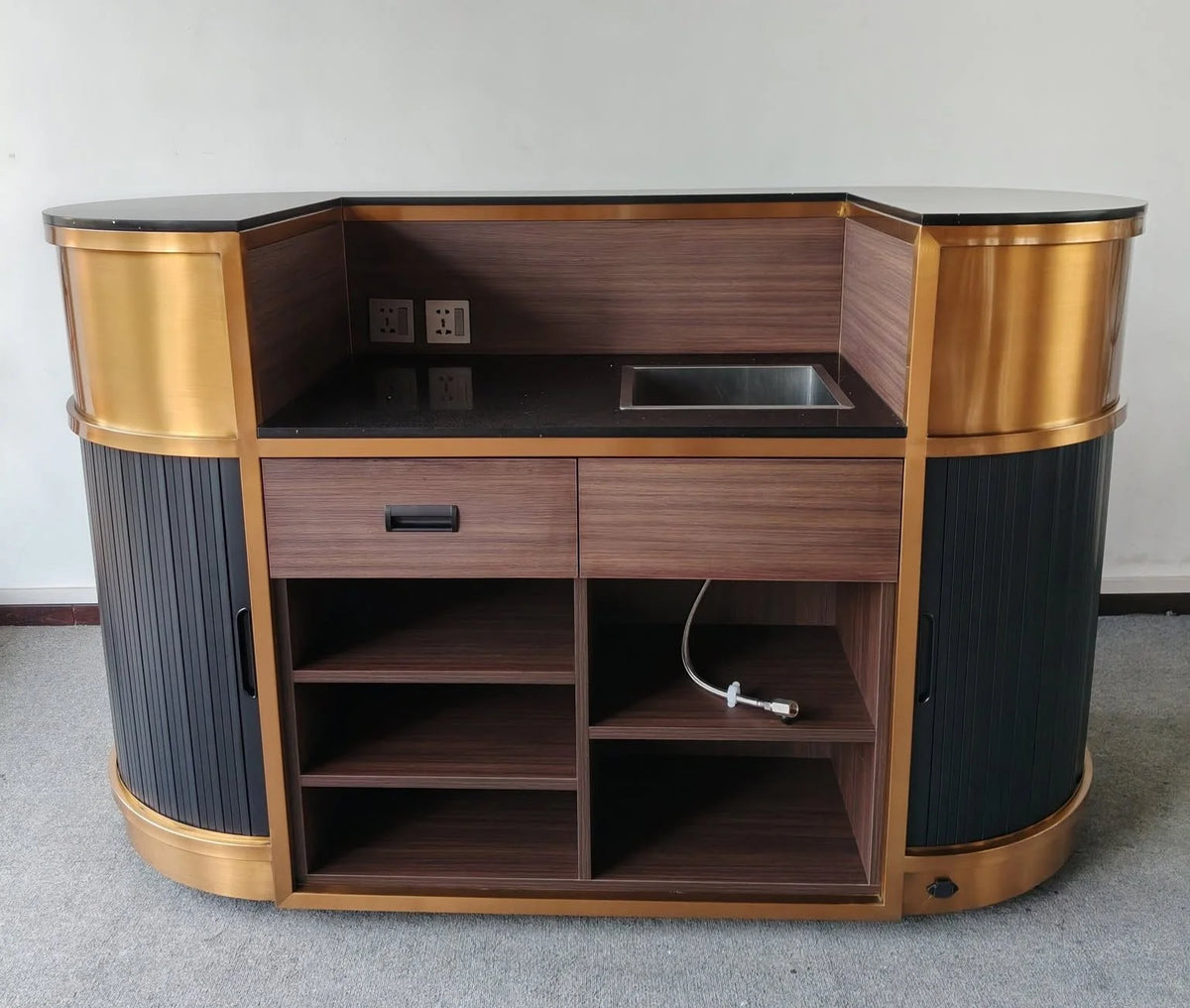 Brass Clad Home Bar Counter with Sink and Tambour Shutters