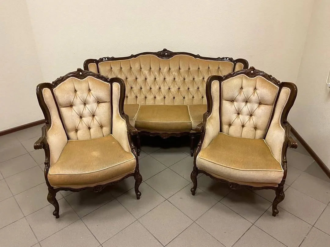 Carved Baroque Salon Set, Settee with Two Armchairs