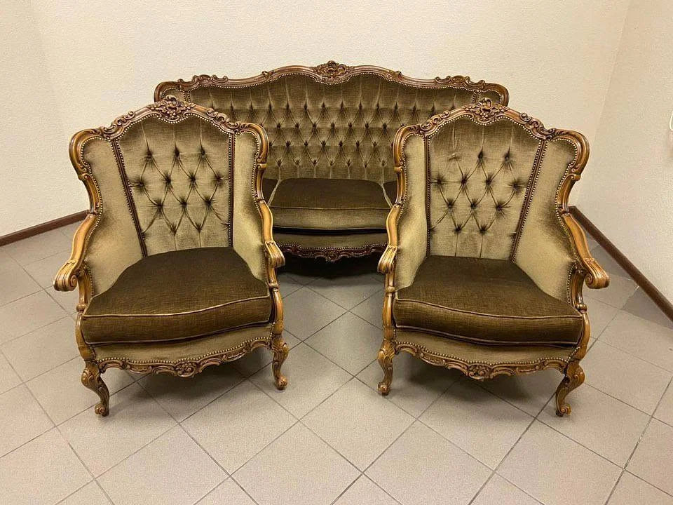 Carved Baroque Salon Set, Settee with Two Armchairs