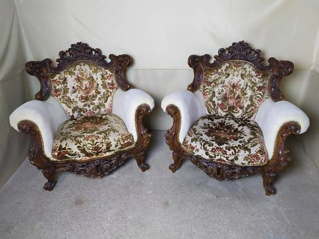 Carved Baroque Salon Set, Settee with Two Armchairs