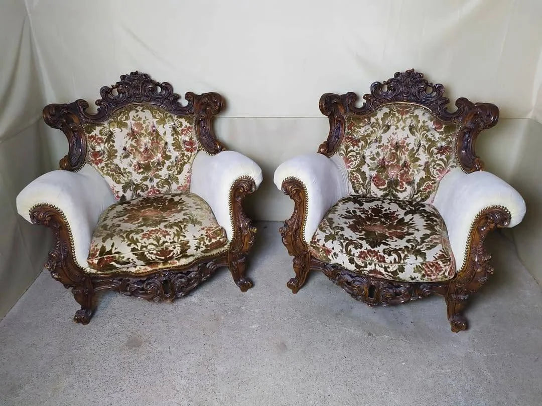 Carved Baroque Salon Set, Settee with Two Armchairs