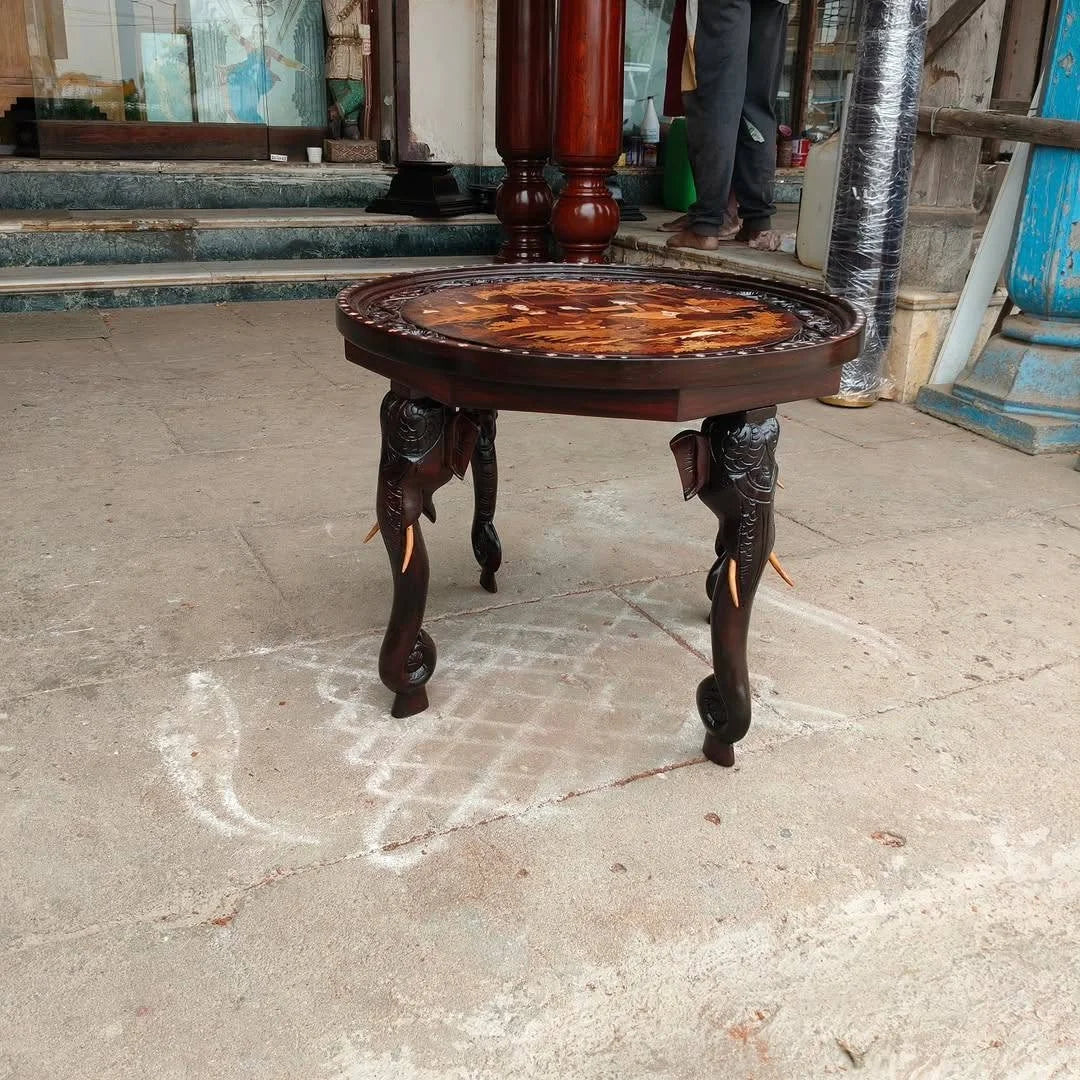 Carved Elephant Round Side Table