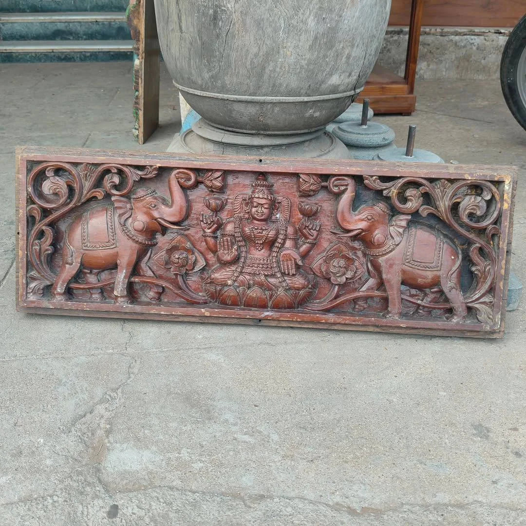 Carved Gaja Lakshmi Wall Panel with Elephants