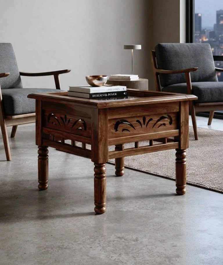 Carved Jaali Side Table with Spindle Gallery