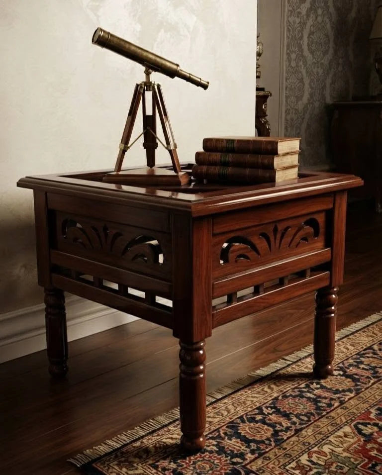 Carved Jaali Side Table with Spindle Gallery