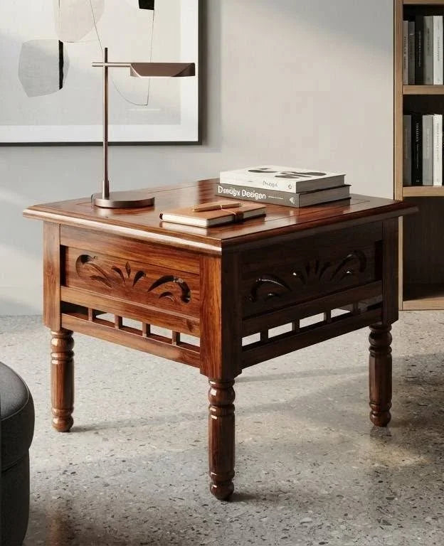 Carved Jaali Side Table with Spindle Gallery