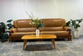 Carved Oak Frame Leather Sofa Set, Tan Pebbled