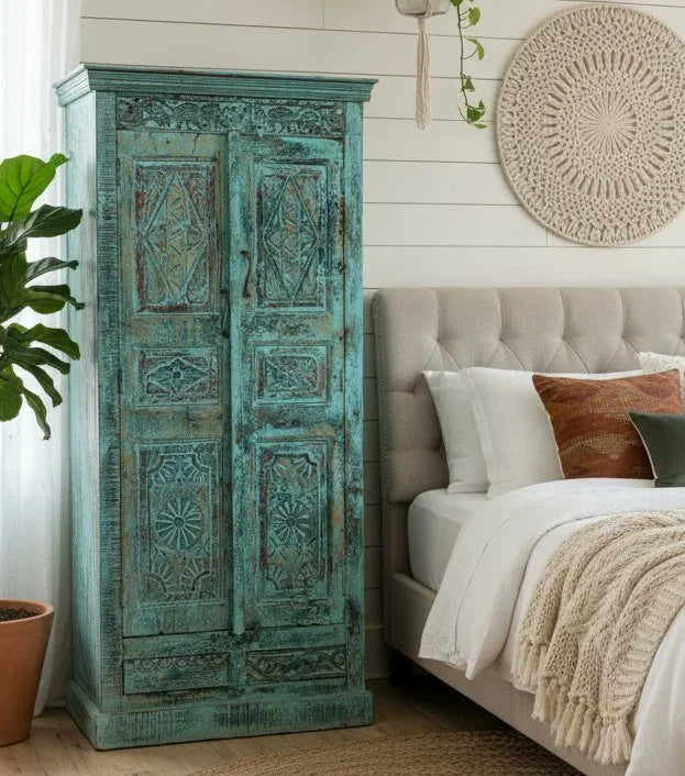 Carved Two Door Cabinet in Worn Jodhpur Blue
