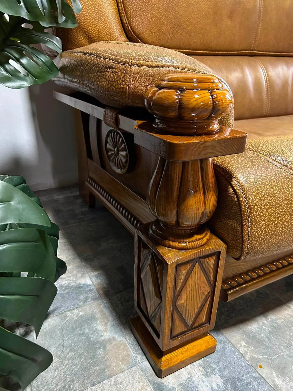 Carved Oak Frame Leather Sofa Set, Tan Pebbled