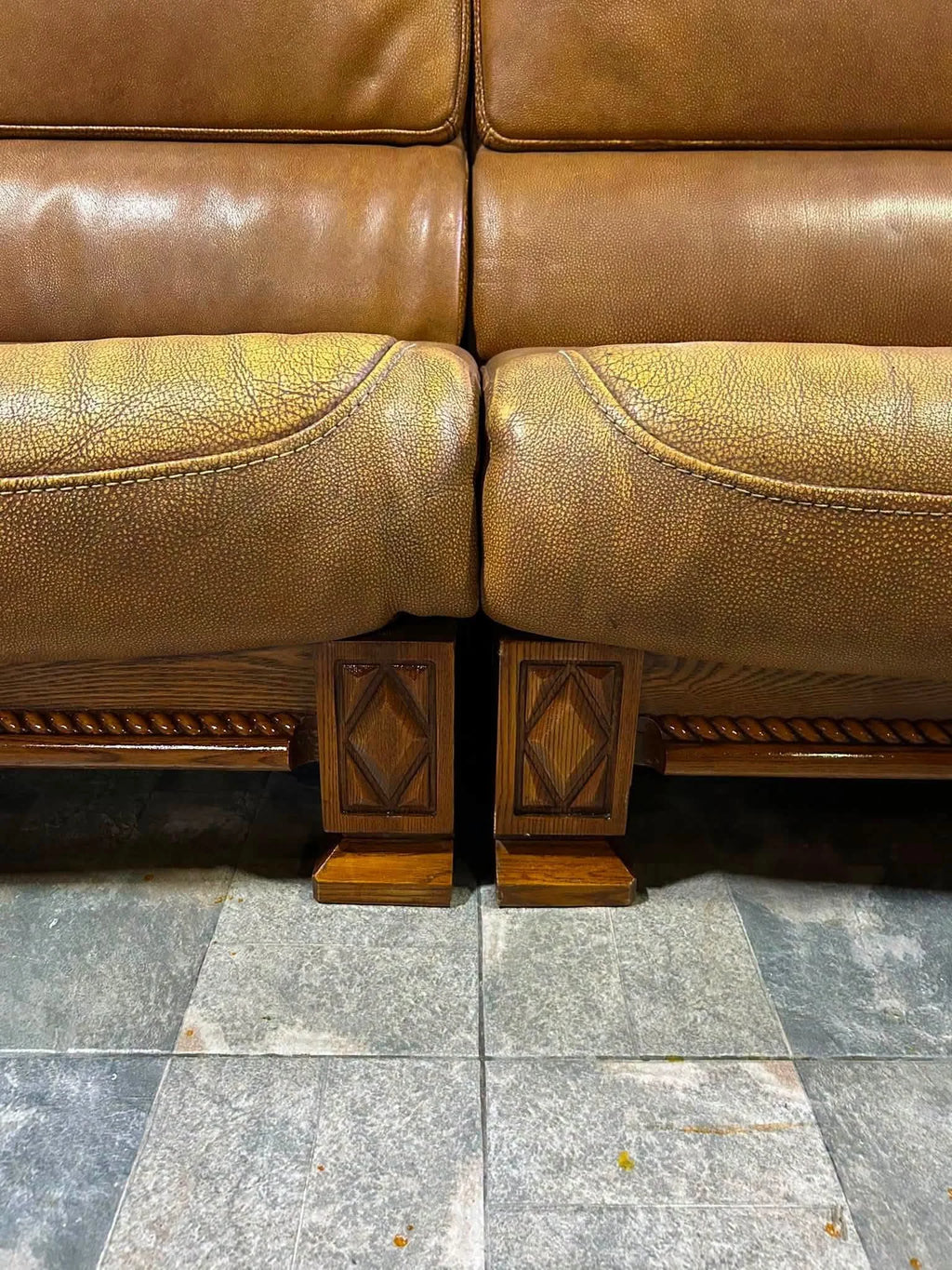 Carved Oak Frame Leather Sofa Set, Tan Pebbled