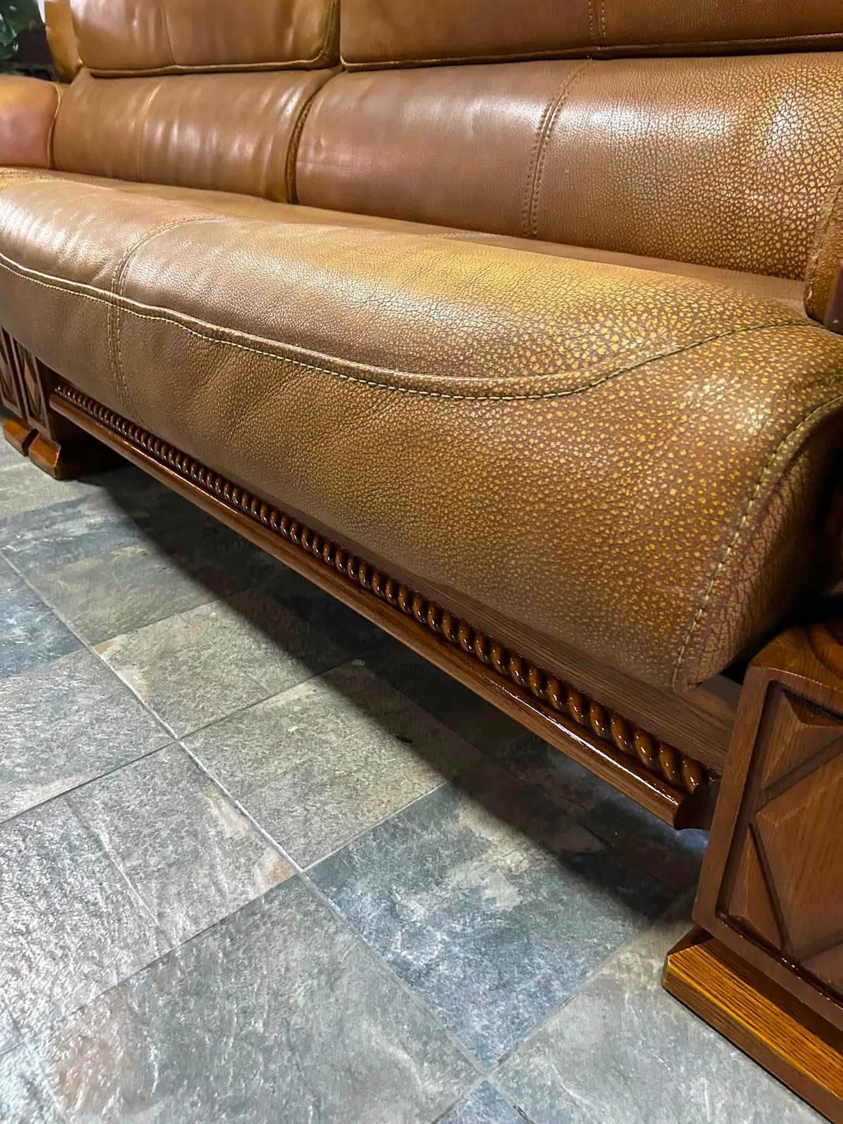 Carved Oak Frame Leather Sofa Set, Tan Pebbled