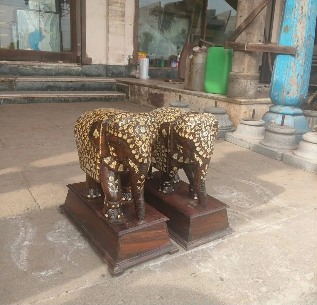 Inlaid Elephant Statue Pair on Carved Plinths