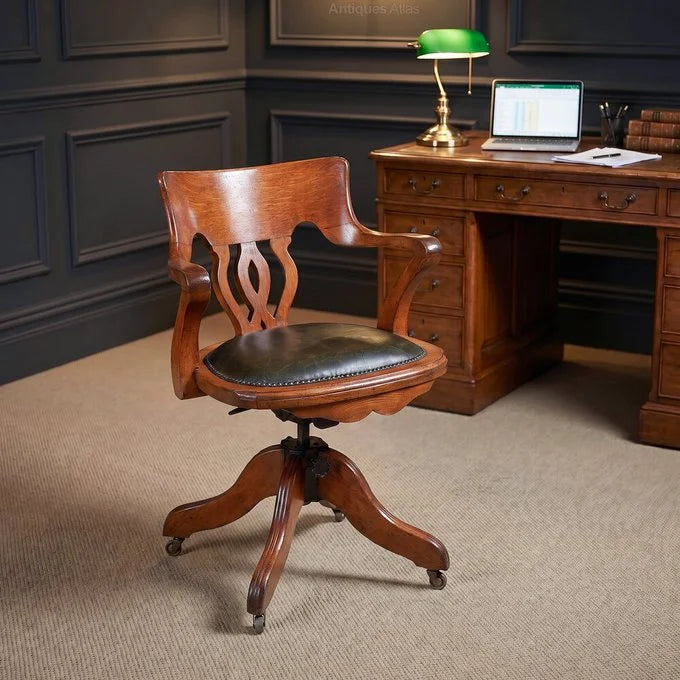 Oak Swivel Desk Chair with Leather Seat and Castors