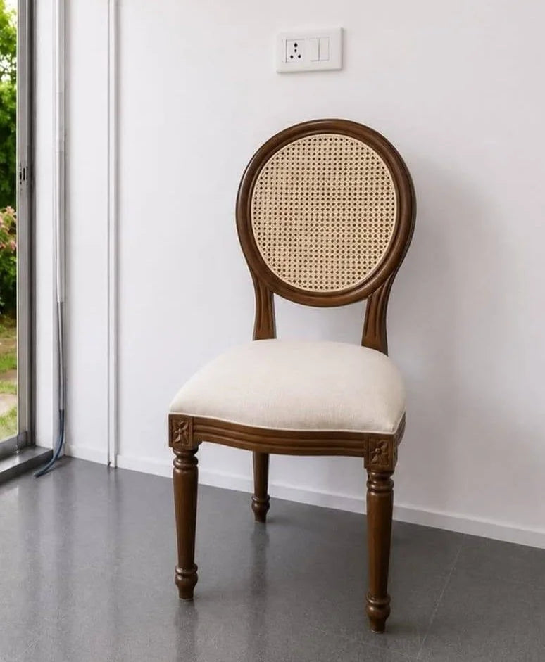 Round Cane Back Dining Chair in Teak with Upholstered Seat