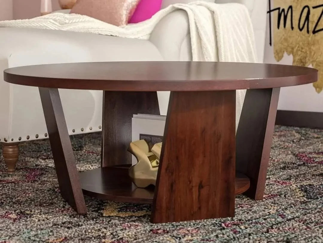 Round Coffee Table with Lower Shelf, Walnut Tone