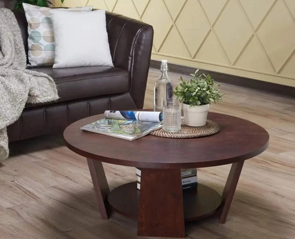 Round Coffee Table with Lower Shelf, Walnut Tone