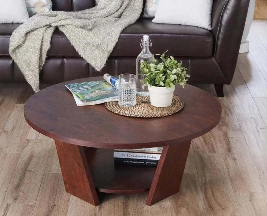 Round Coffee Table with Lower Shelf, Walnut Tone