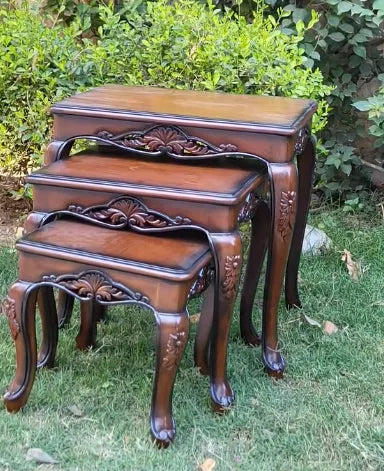 Set Of 3Carved Nesting Tables Side Pose
