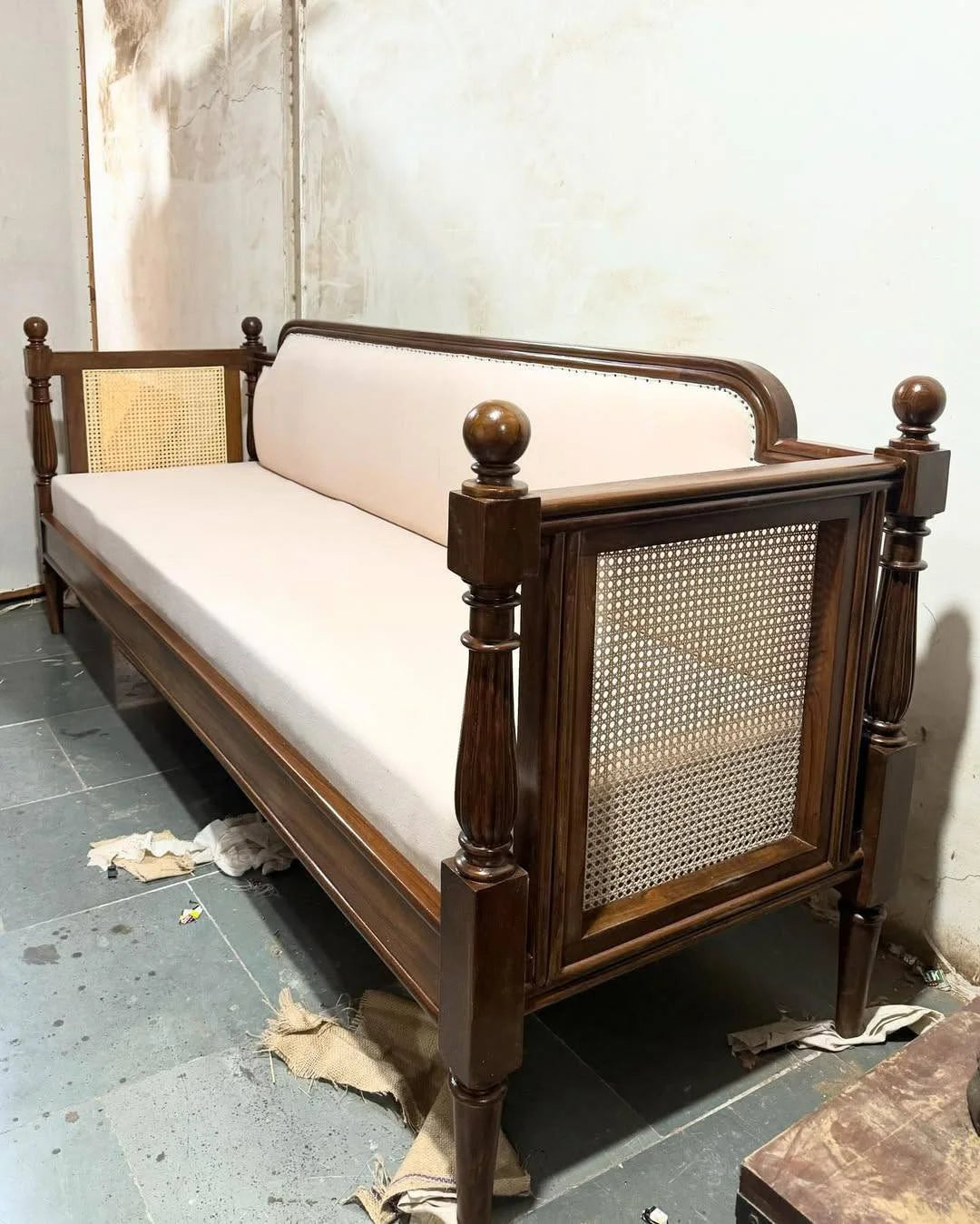 Sheesham Daybed with Caned Ends and Upholstered Seat