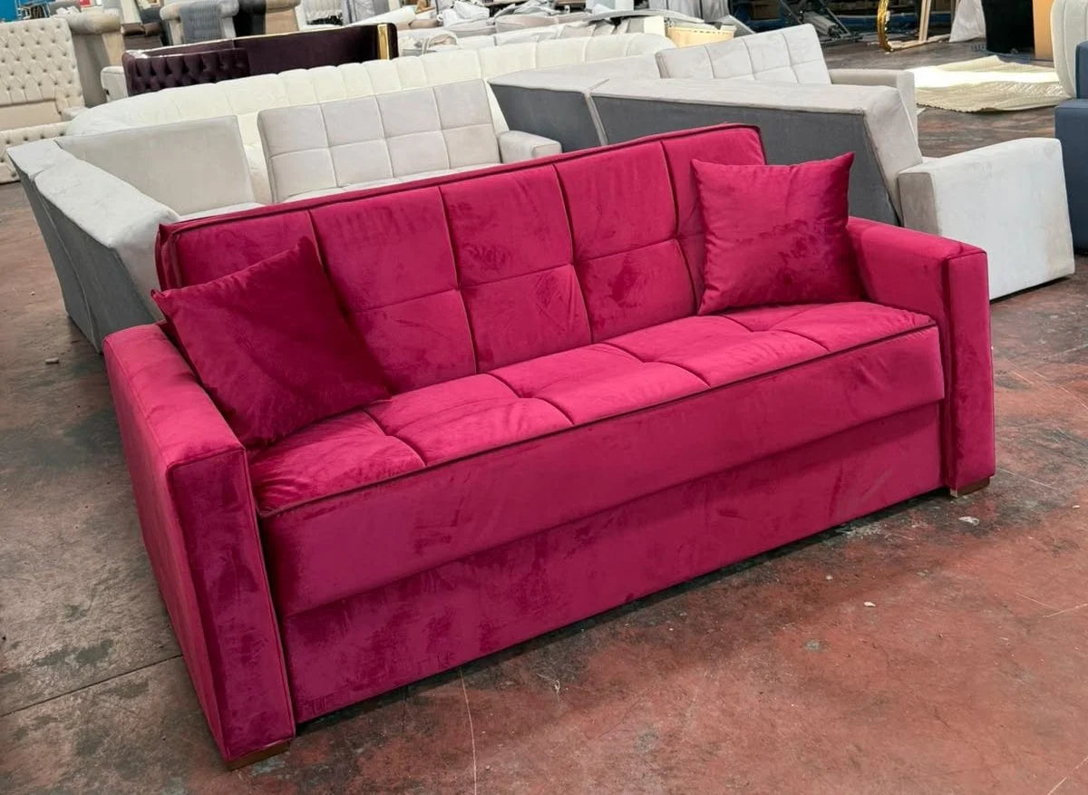 Sofa Cum Bed in Rani Pink Velvet, Tufted