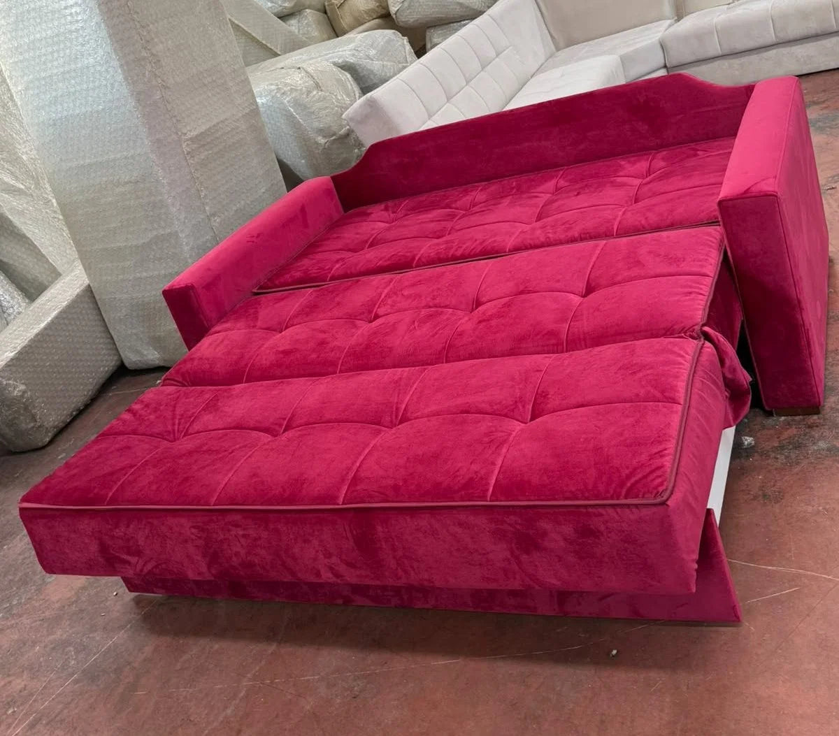 Sofa Cum Bed in Rani Pink Velvet, Tufted