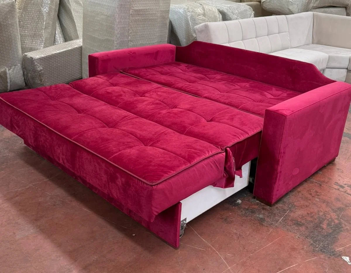 Sofa Cum Bed in Rani Pink Velvet, Tufted