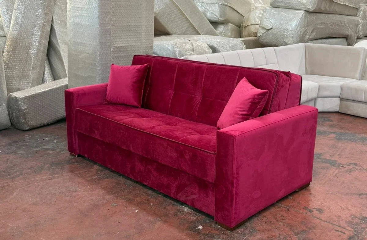 Sofa Cum Bed in Rani Pink Velvet, Tufted