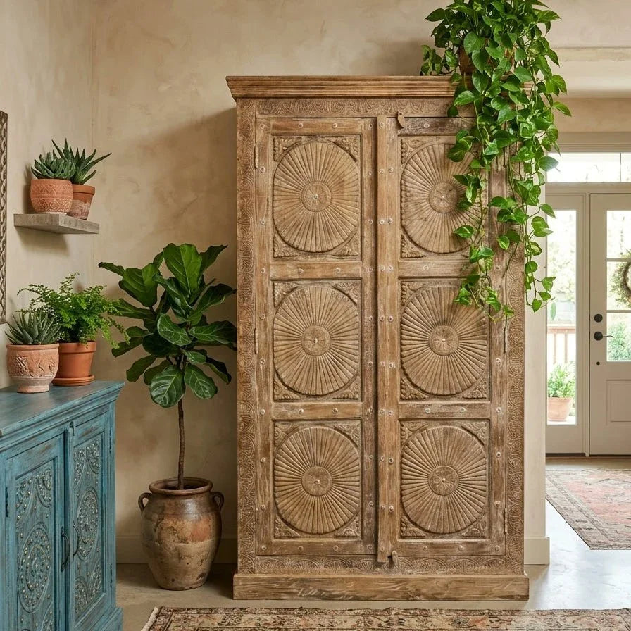 Sunburst Carved Two Door Cabinet in Pale Timber