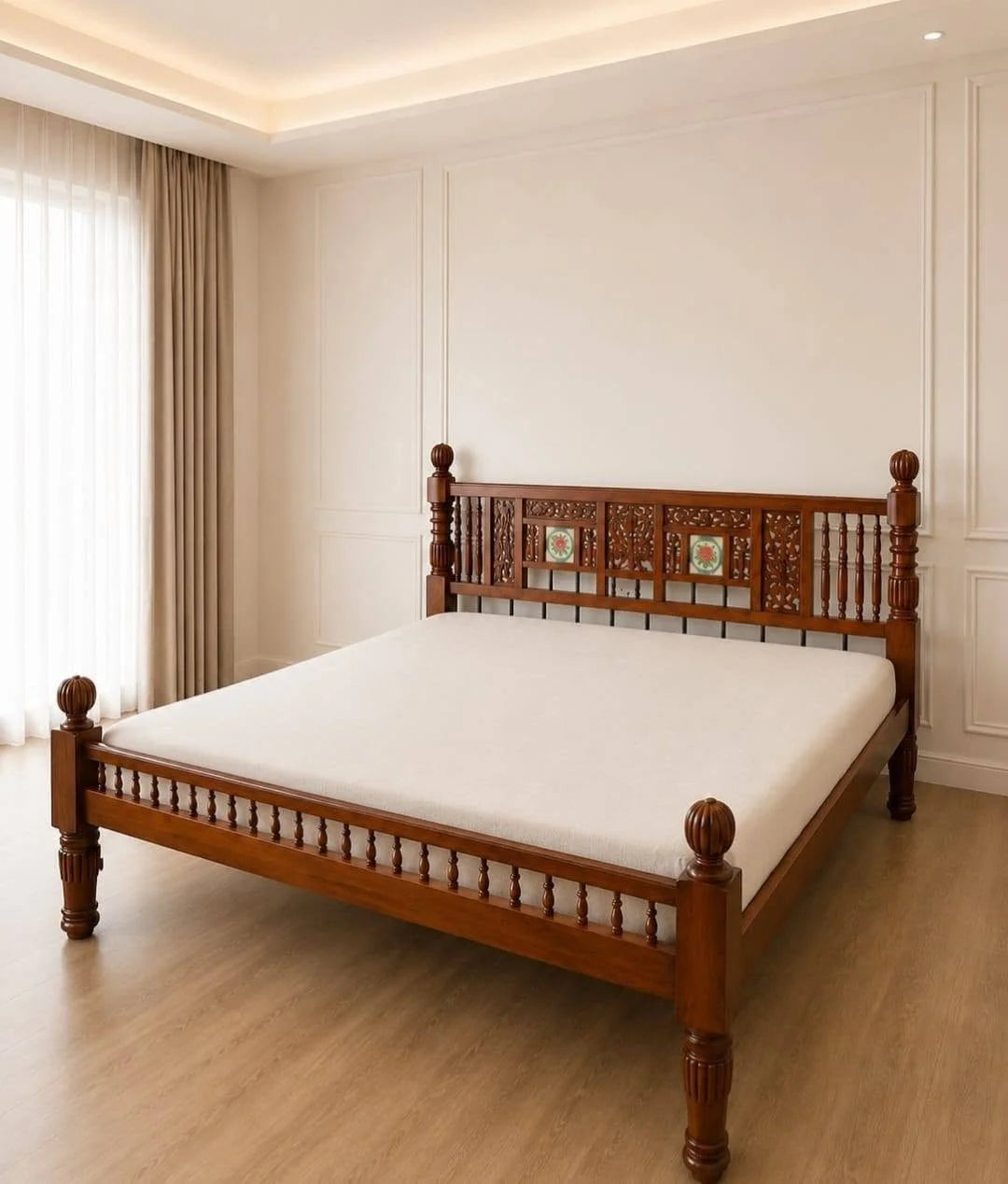 Teak Bed with Pierced Carved Headboard