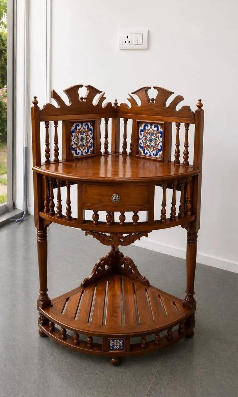 Teak Corner Table with Painted Tiles