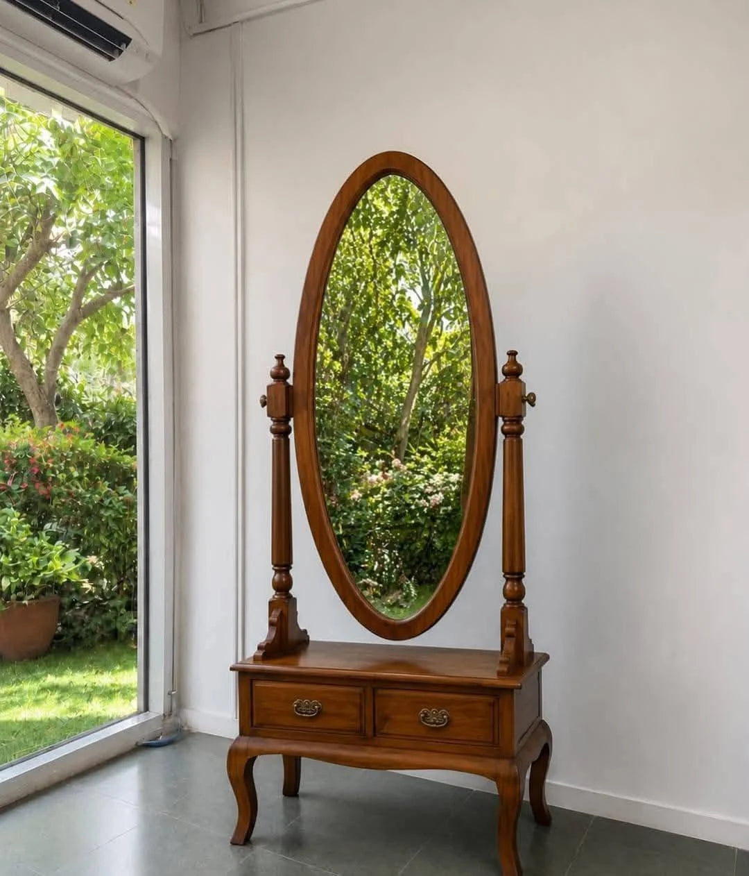 Teak Oval Cheval Mirror with Two Drawer Base