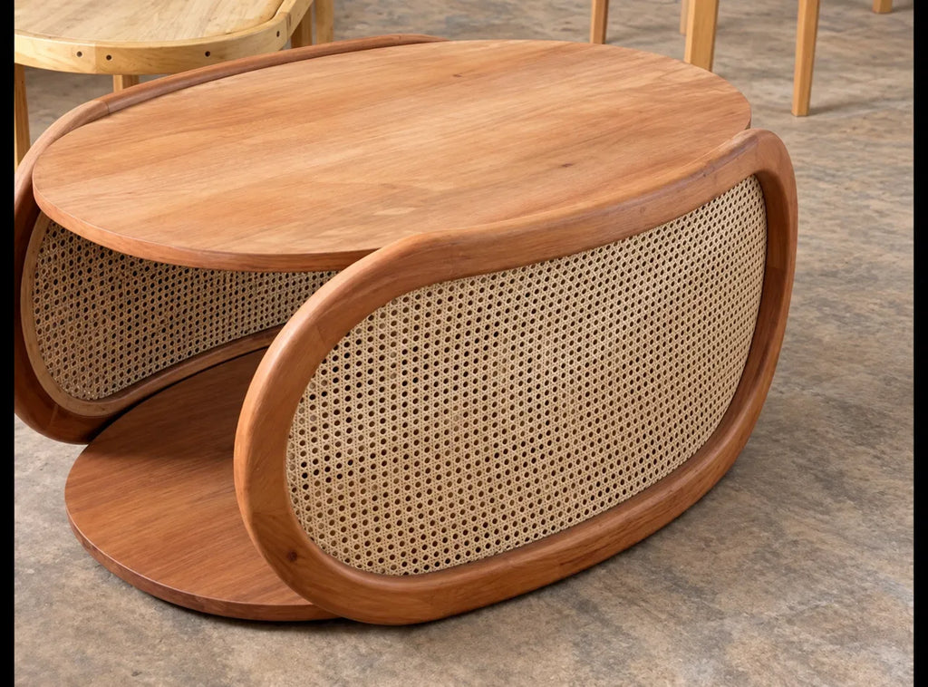 Teak Oval Teapoy with Cane Side Panels