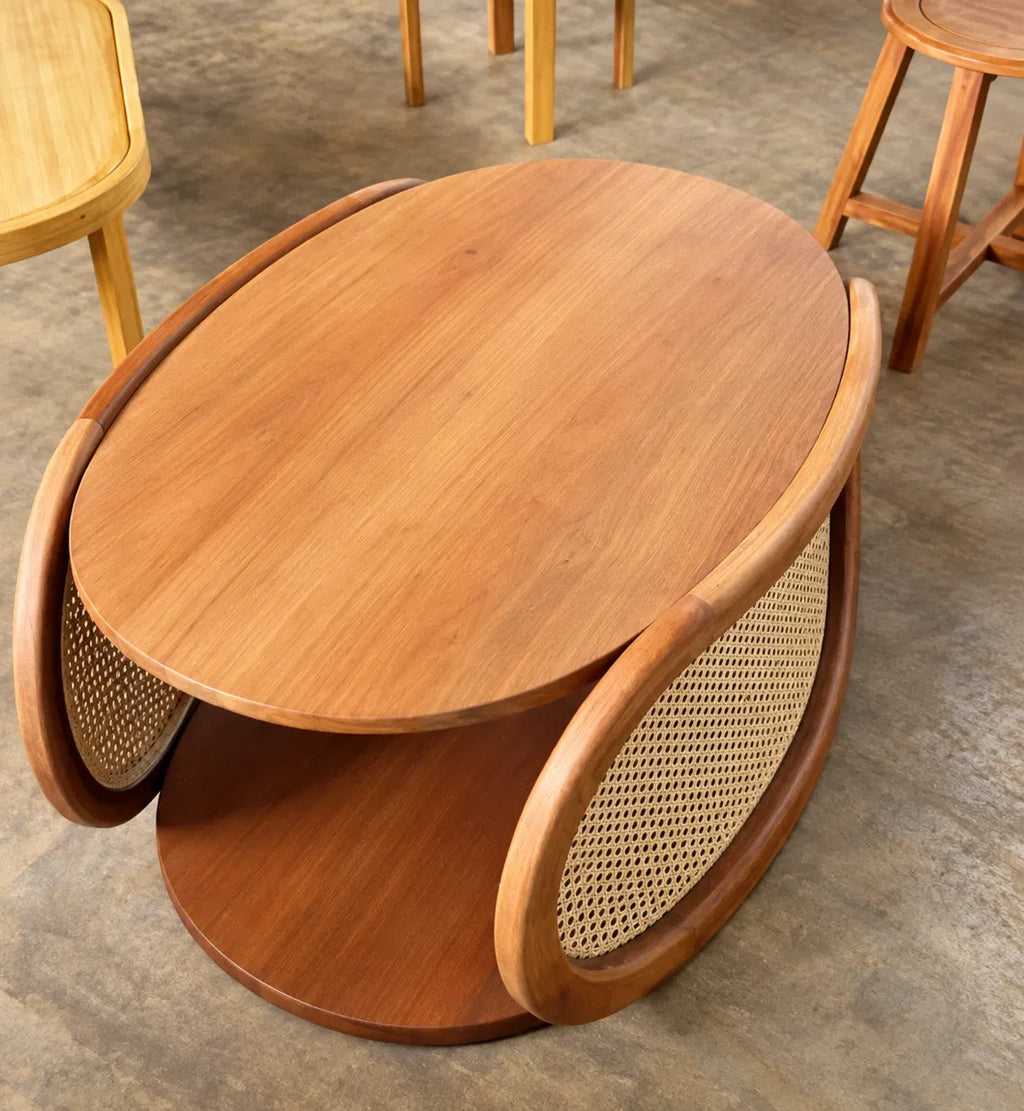 Teak Oval Teapoy with Cane Side Panels